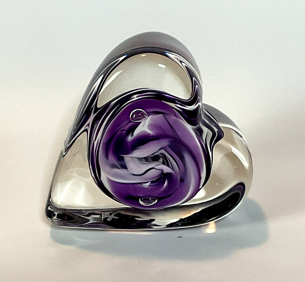 Signed Hand Blown Art Glass Heart Paperweight Purple White Swirl Clear Glass